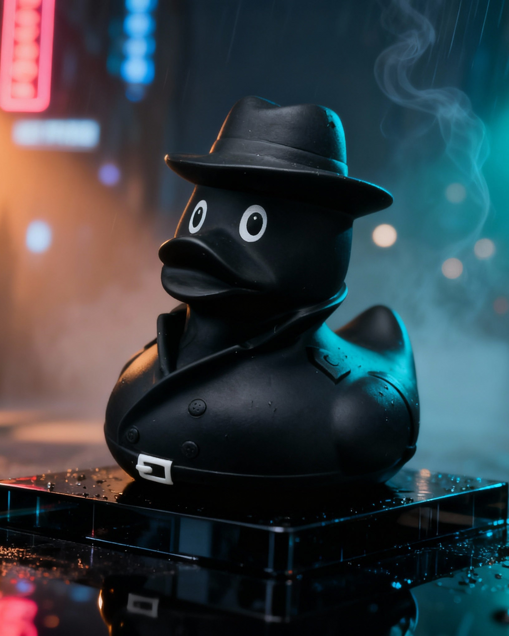 Duck Noir™ collectible rubber duck in trench coat and fedora noir detective design