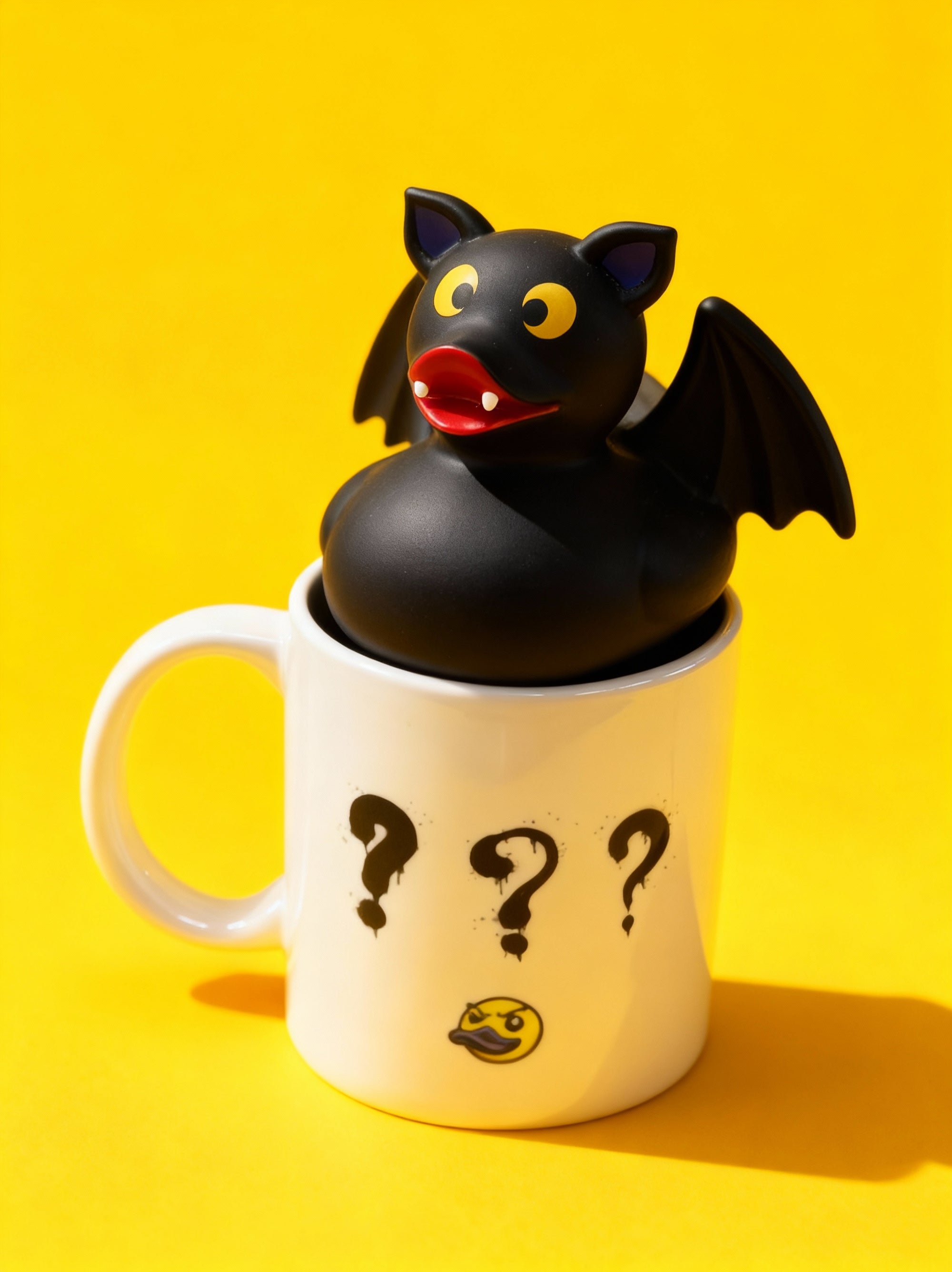 Black bat-shaped rubber duck in a mug representative of the limited edition designs on a yellow background