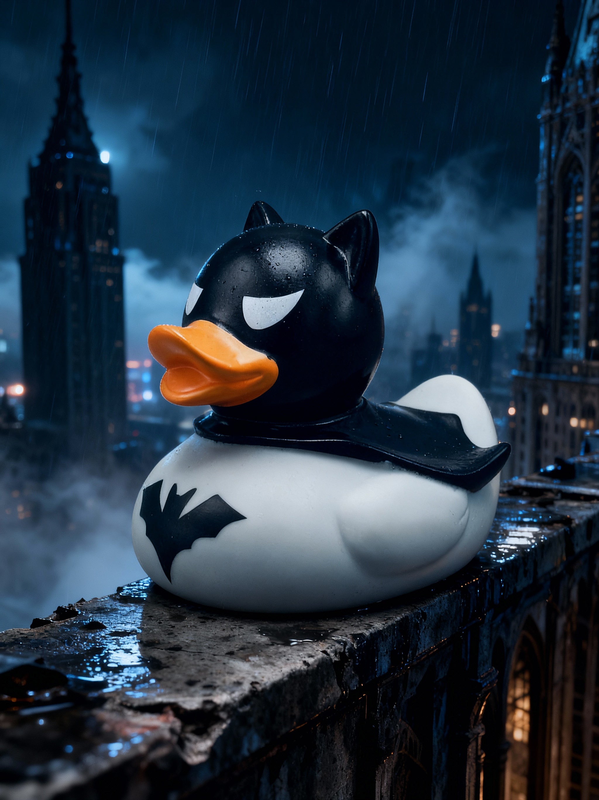 Batman-themed rubber duck with a cityscape background