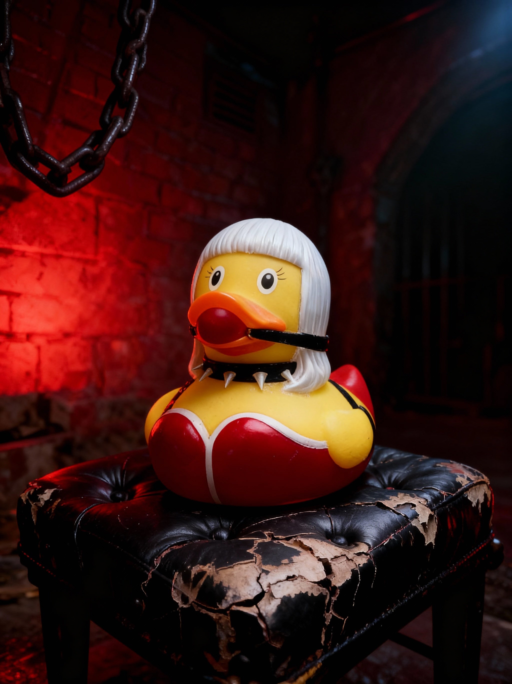 BDSM Rubber duck with a red outfit in dungeon
