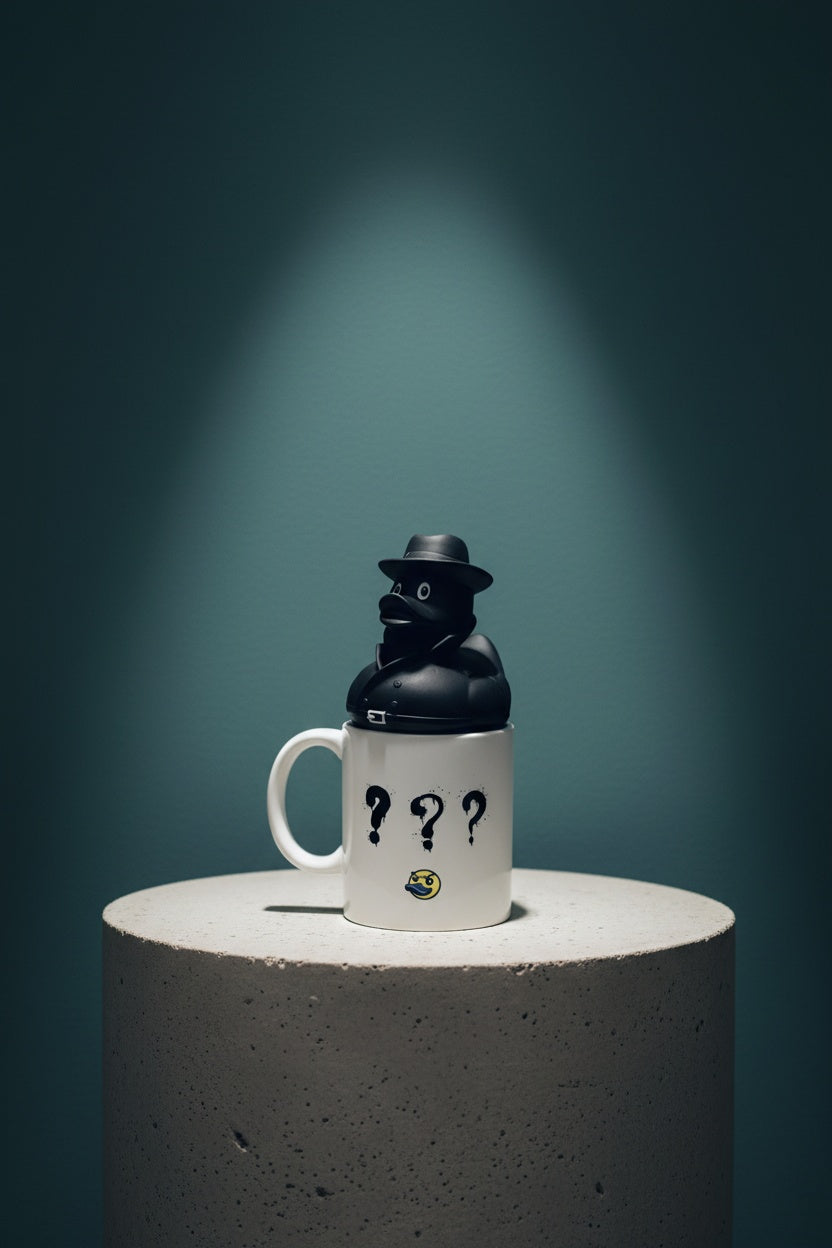 White demo mug with duck noir rubber duck on a gray pedestal against a dark teal background