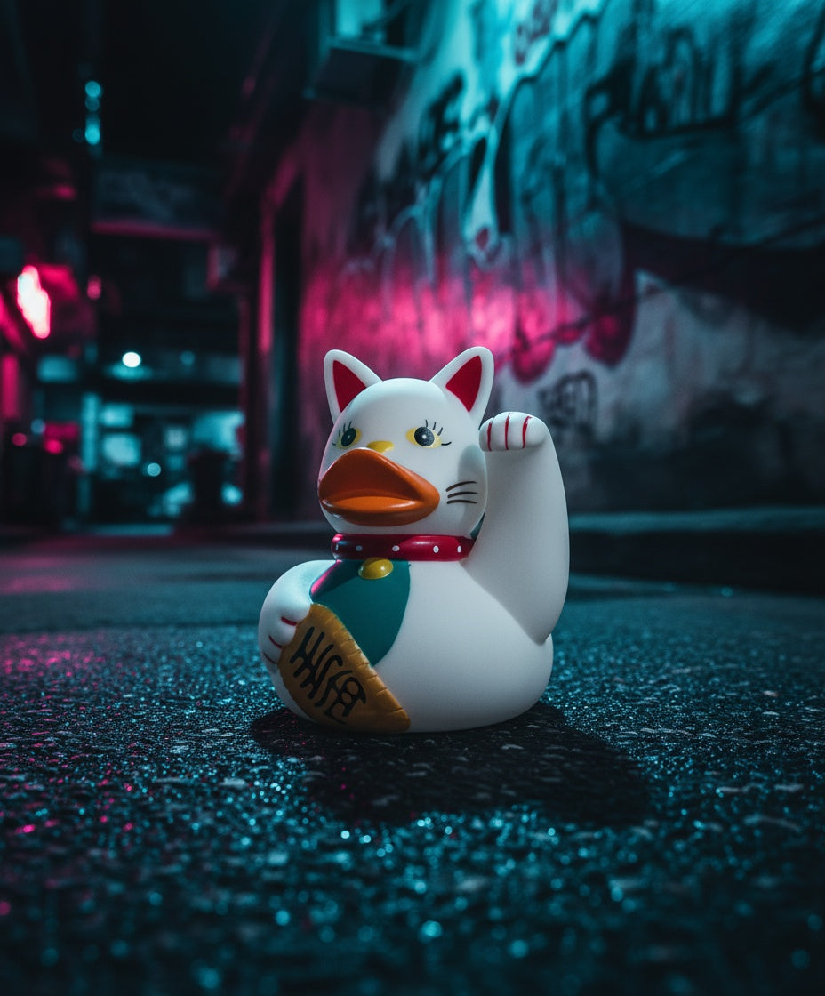 Maneki-neko figurine on a wet street with neon lights in the background