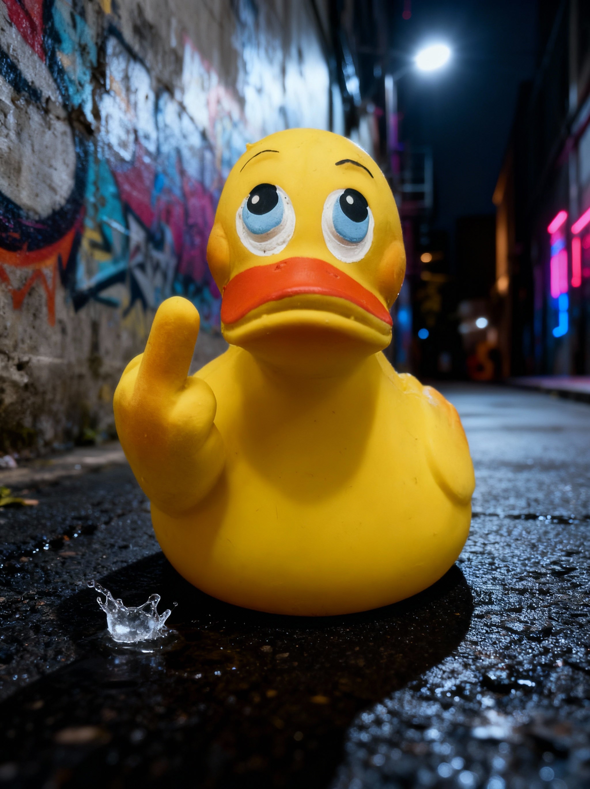 Yellow rubber duck giving a rude middle-finger gesture in an urban alleyway at night.