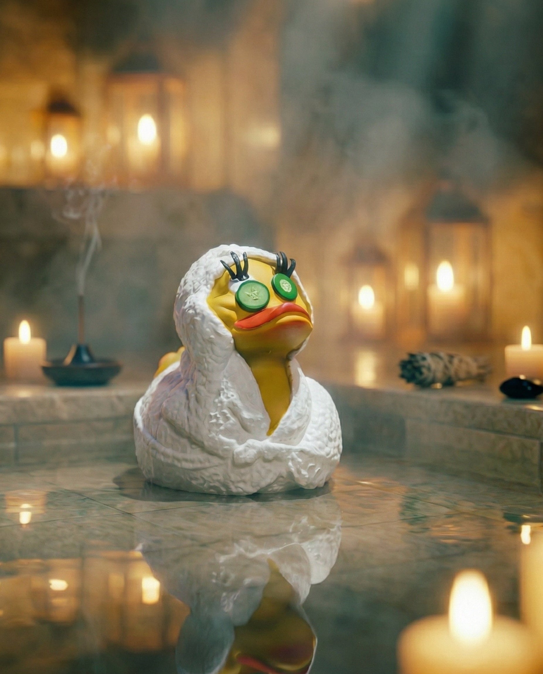 Rubber duck wrapped in a towel in a spa setting with candles and steam.