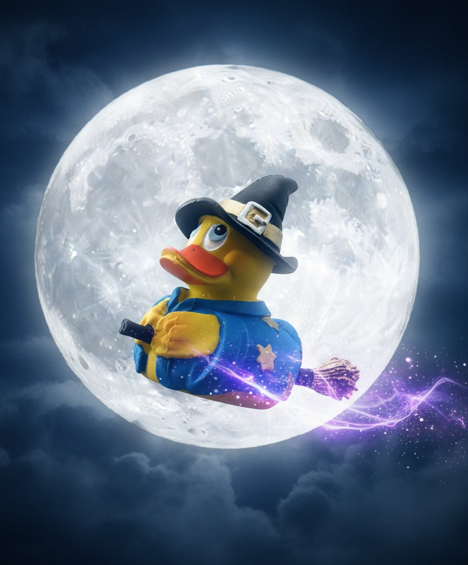 Rubber duck dressed as a witch with a broomstick in front of a full moon