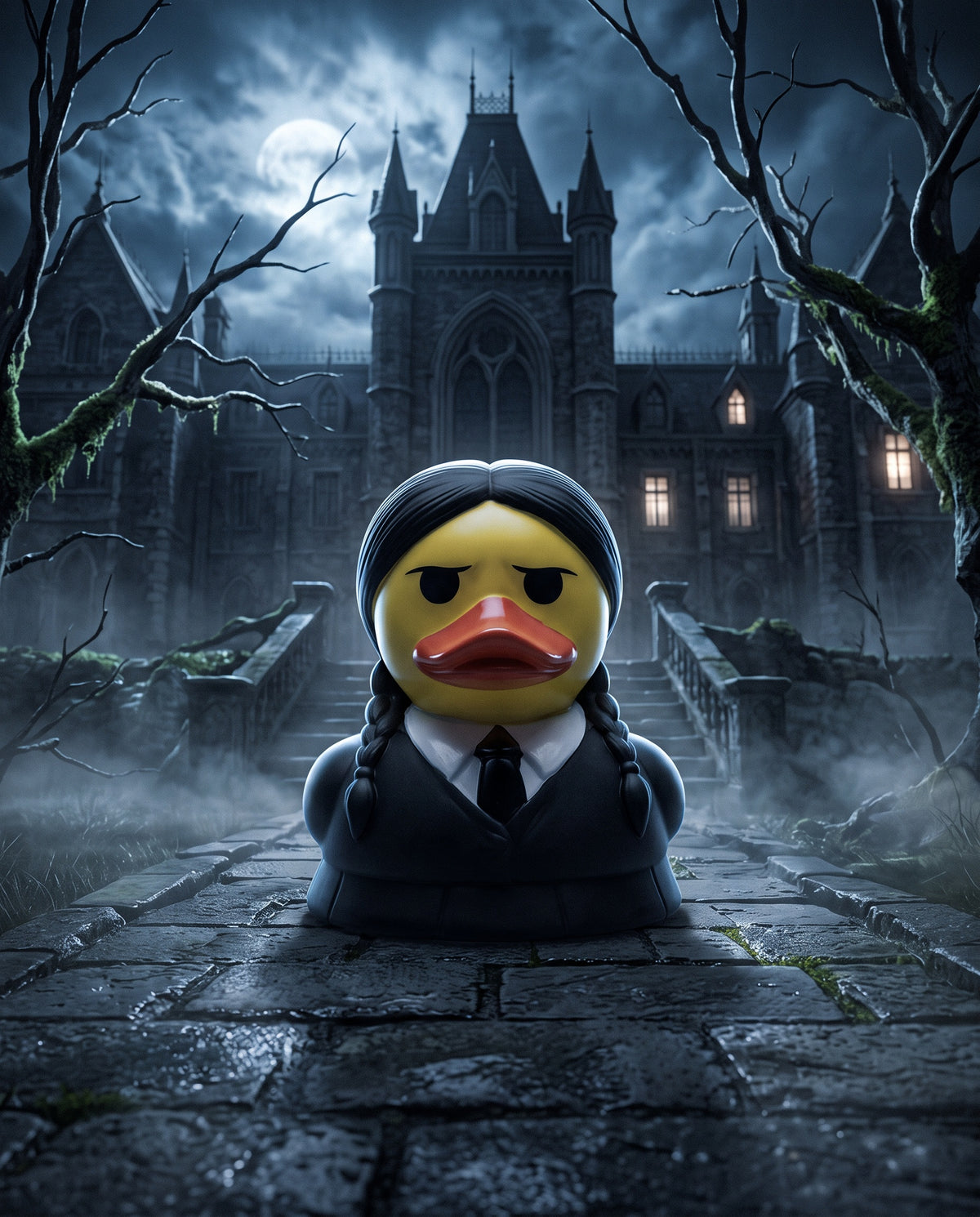 A stylized rubber duck toy dressed as Wednesday Addams stands centered on a stone path in front of a dark gothic castle at night under a full moon.