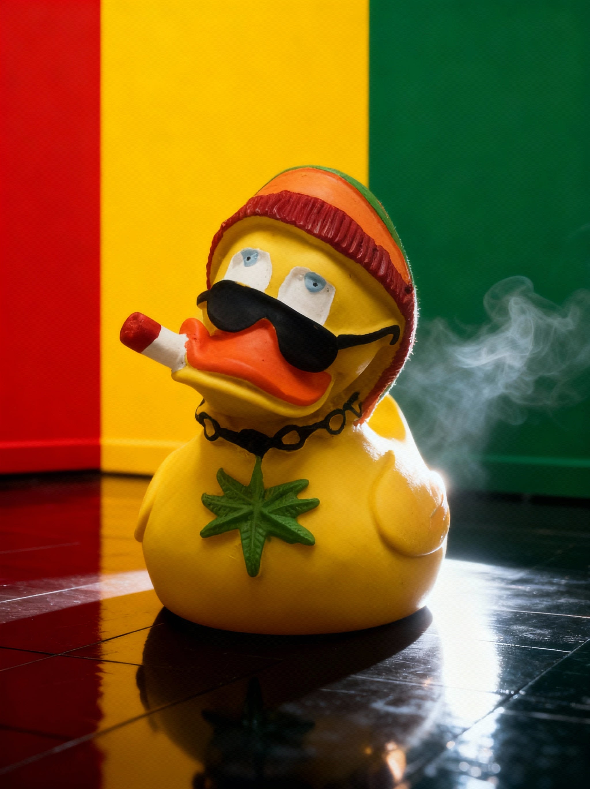 Yellow rasta rubber duck wearing sunglasses, a beanie, and smoking a cigarette with smoke against a colorful background.