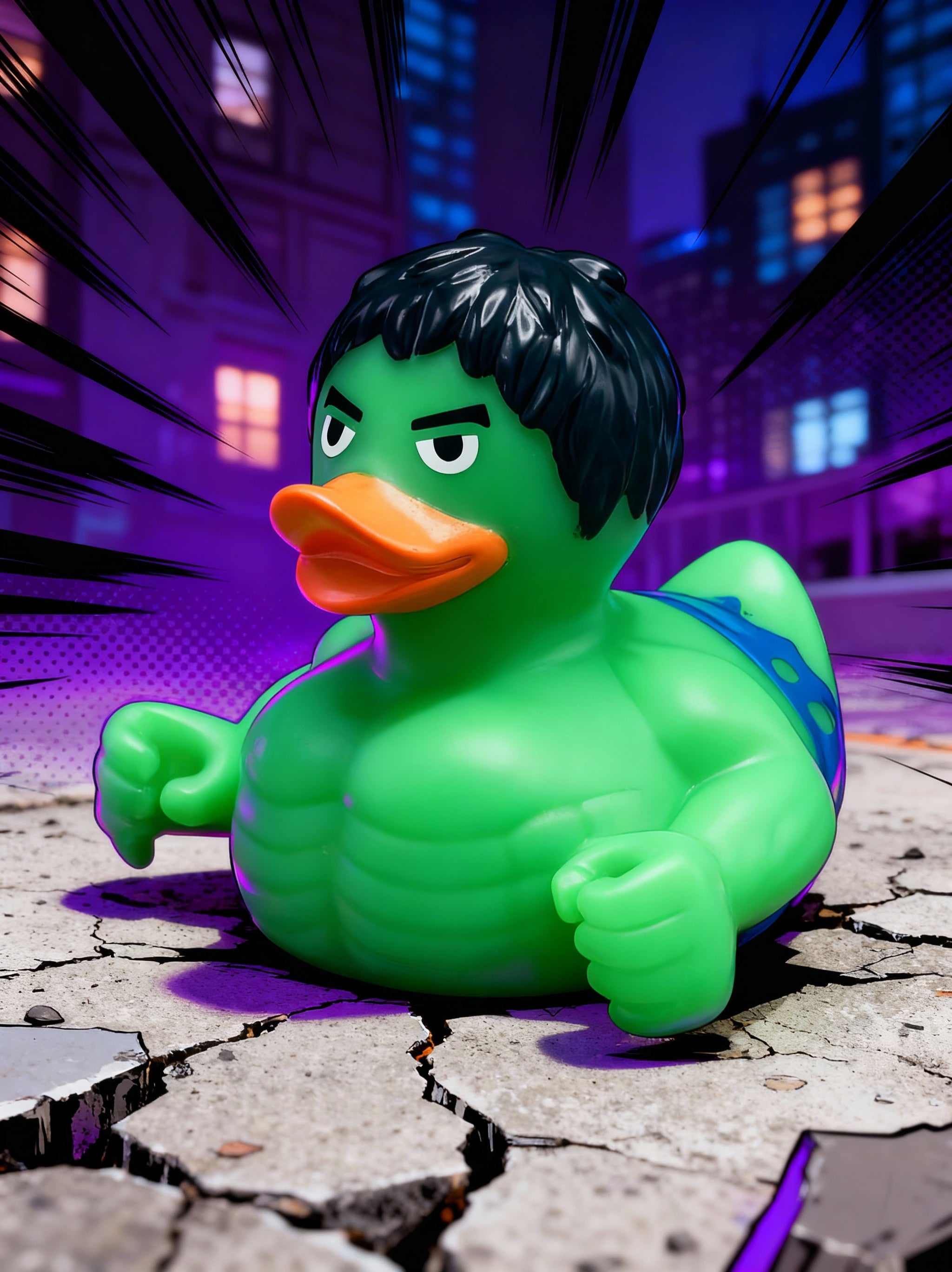 Green hulk-like superhero duck toy in a cityscape with purple lighting
