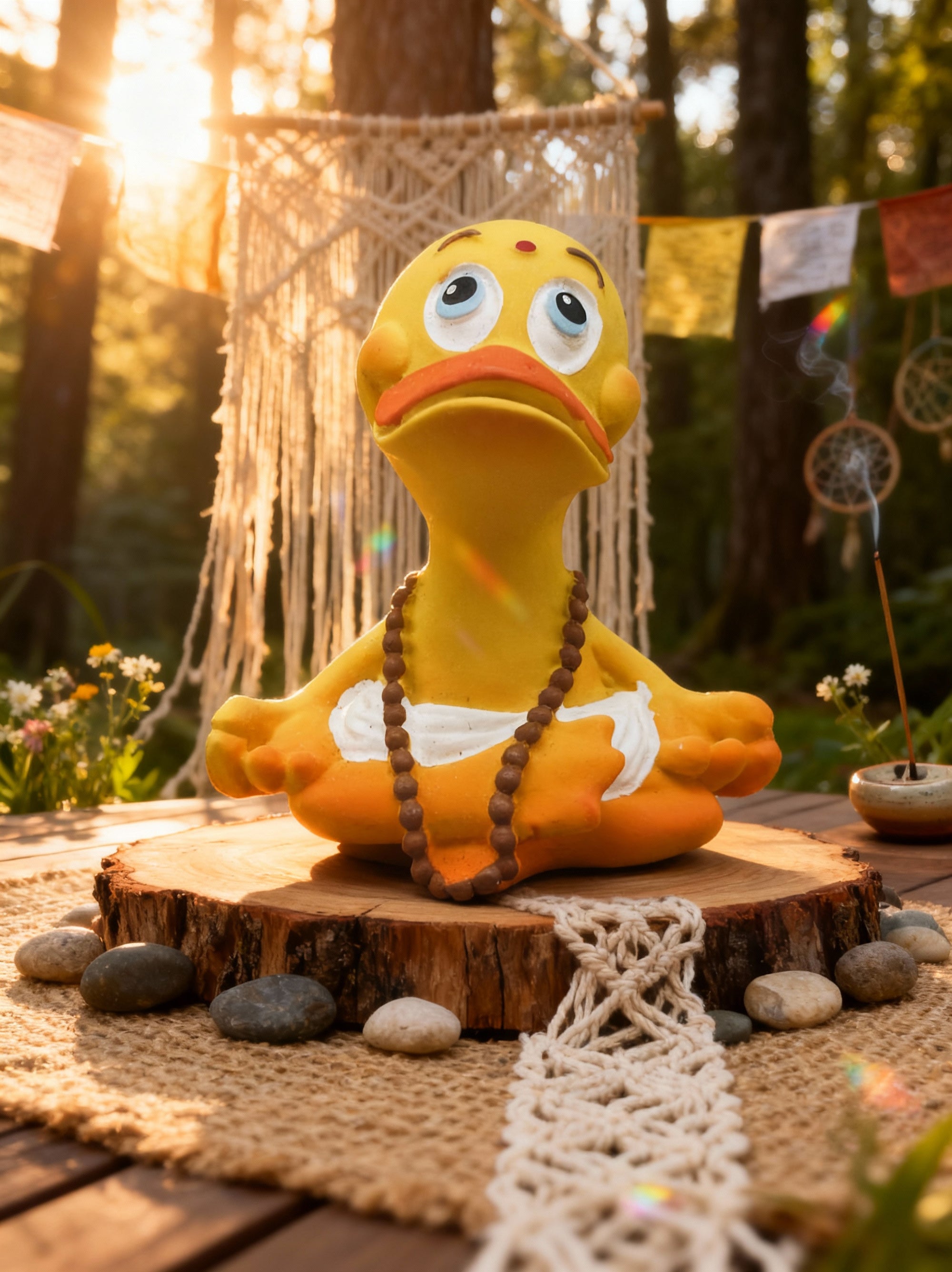 Yellow duck figurine in a meditative pose on a wooden platform with a natural background